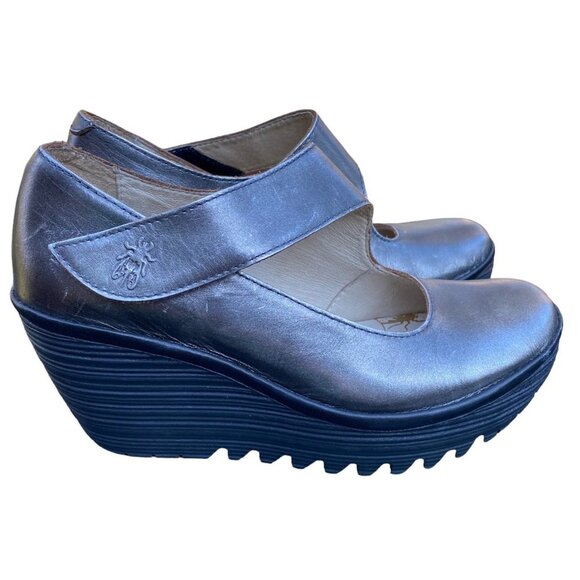 Fly London Gunmetal Gray Yasi Wedge Mary Jane Style Shoes - Picture 1 of 6